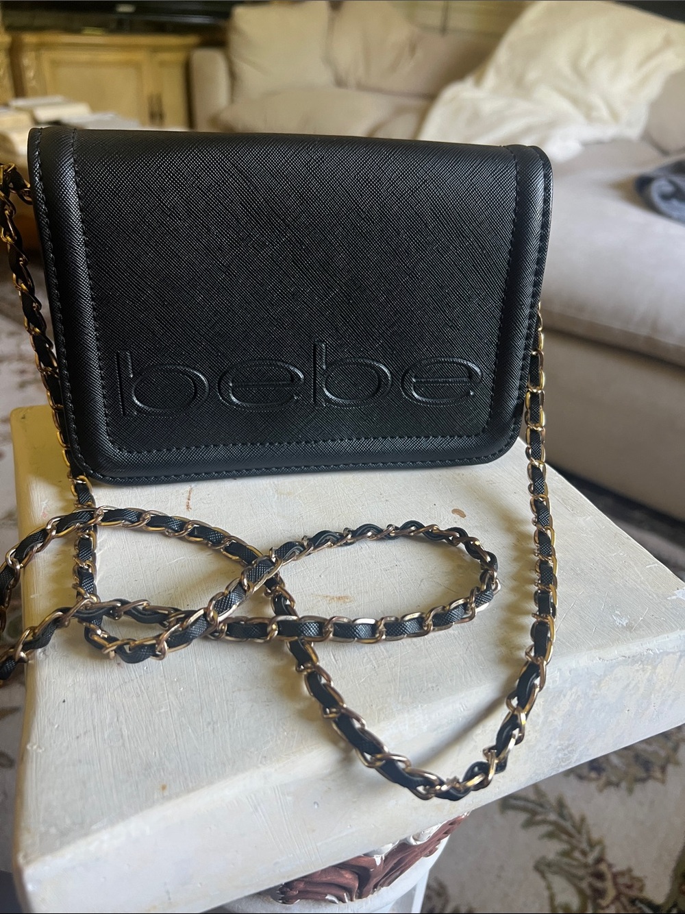 bebe Black Saffiano Crossbody with Gold-Trim Chain